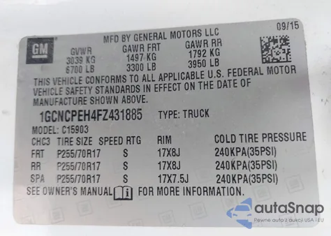 2015 Chevrolet Silverado 1500 Wt from USA, damaged, VIN 1GCNCPEH4FZ431885